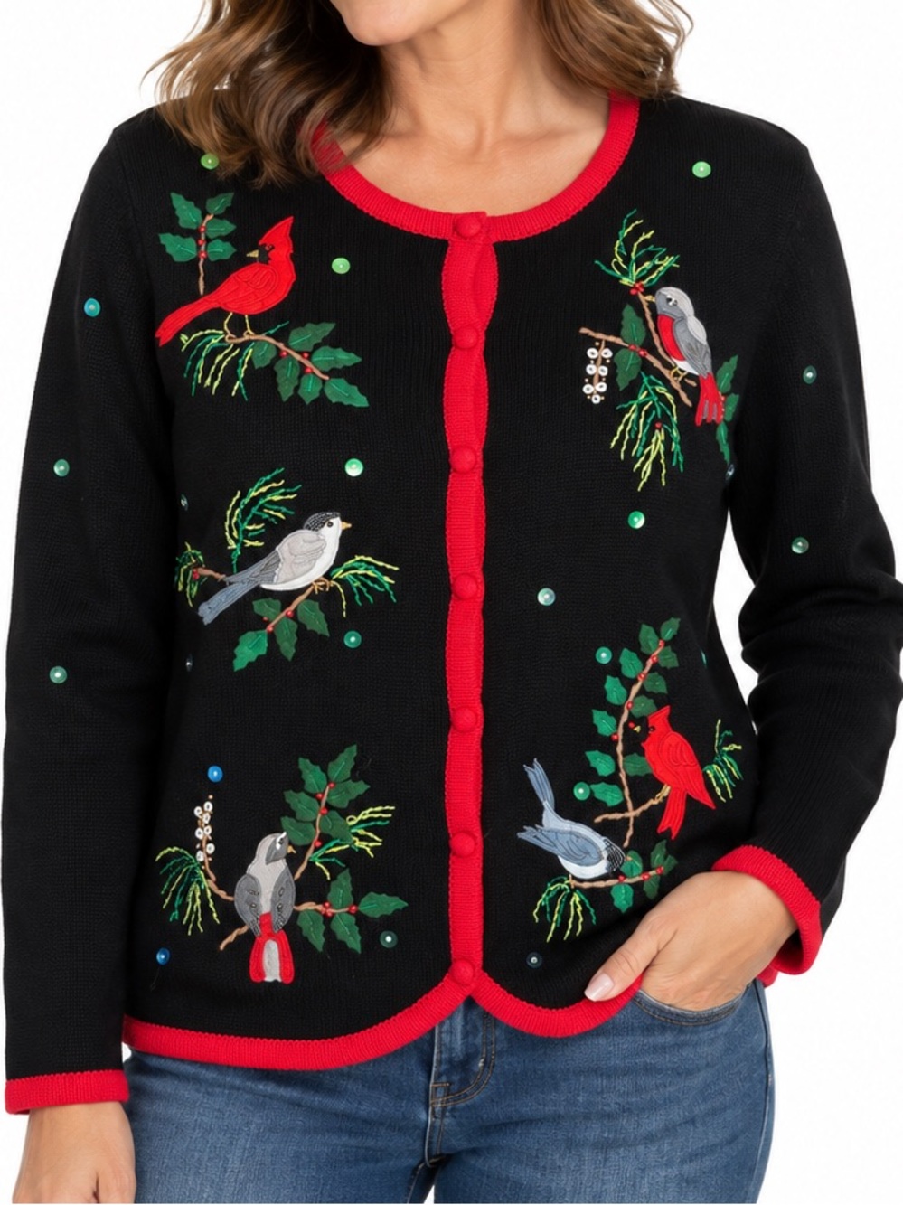Hampshire Studio SNOW Christmas Bird Cardigan Sweater Large NWT